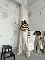 Stitch Detail Wide-Leg Beige Sweatpants