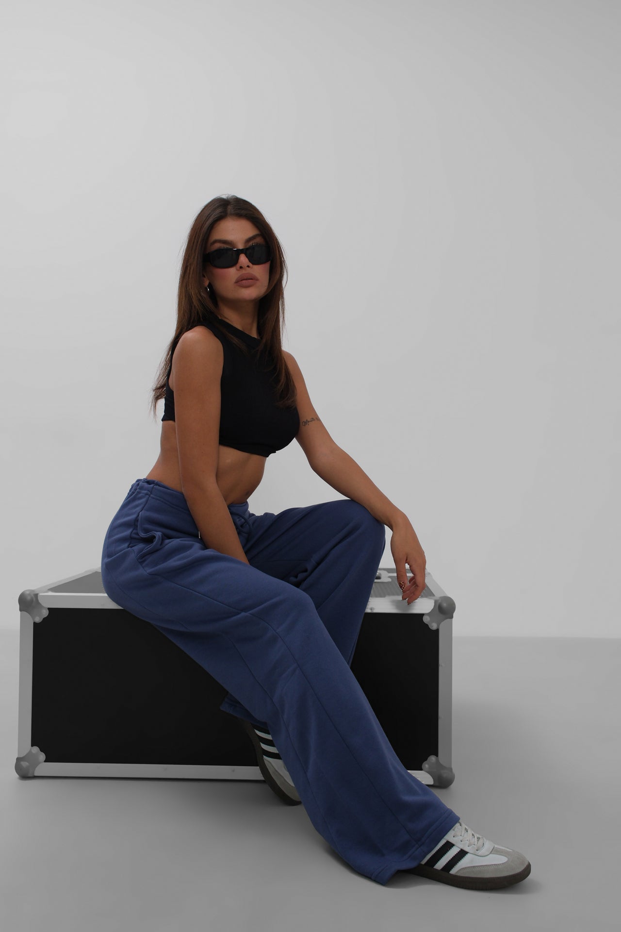 Stitch Detail Wide-Leg Navy Sweatpants
