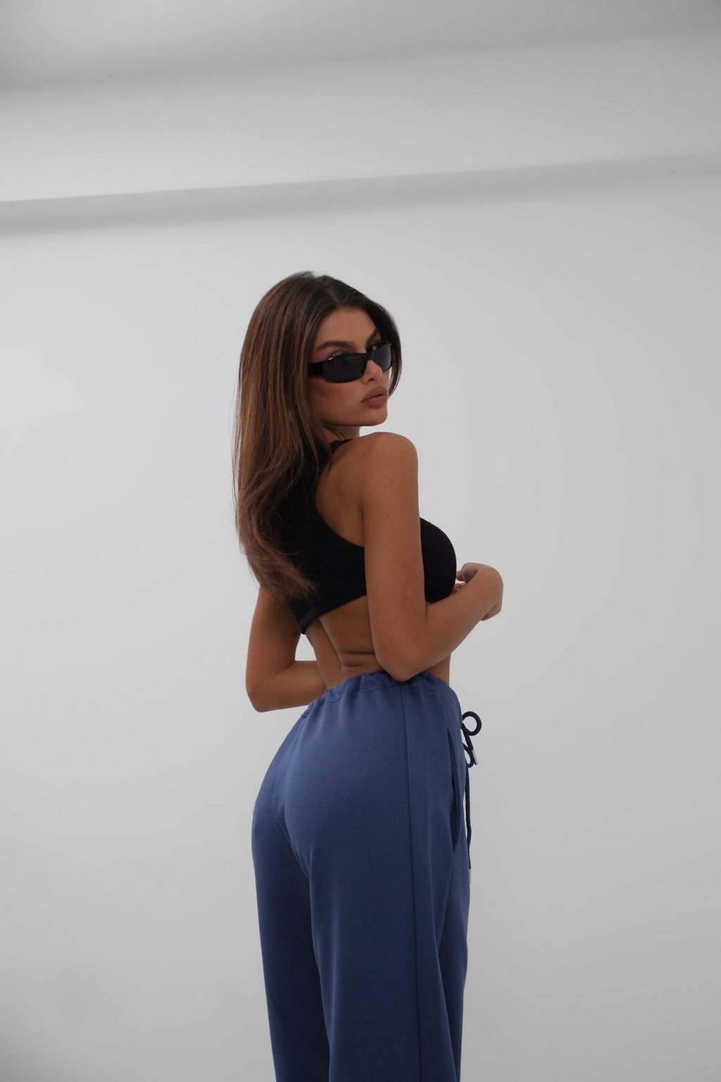 Stitch Detail Wide-Leg Navy Sweatpants