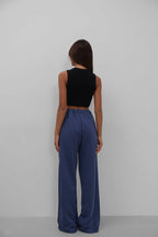 Stitch Detail Wide-Leg Navy Sweatpants