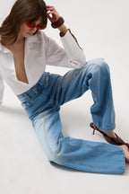 Stitch Detail Wide Leg Blue Jeans