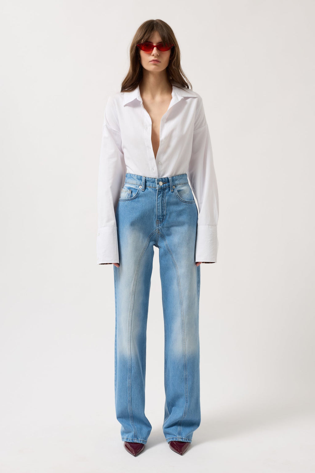 Stitch Detail Wide Leg Blue Jeans