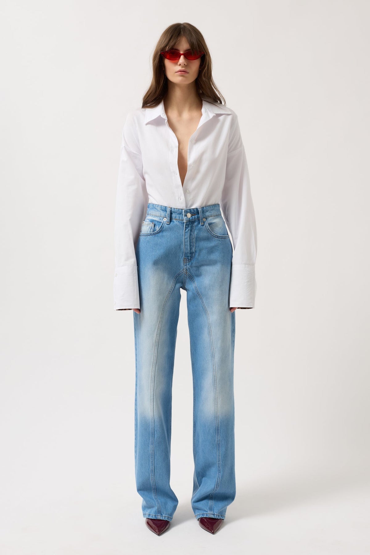 Stitch Detail Wide Leg Blue Jeans
