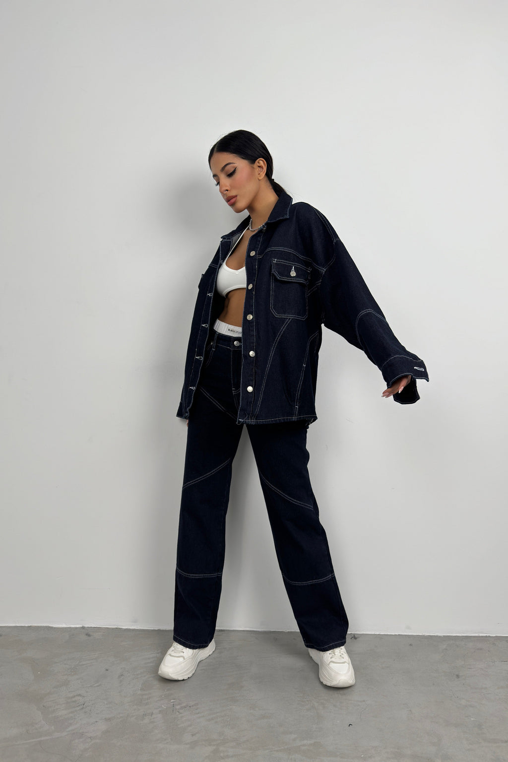 Stitch Detail Oversize Navy Jeans