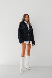 Oversized Navy Blue Denim Jacket with Stitching Detail