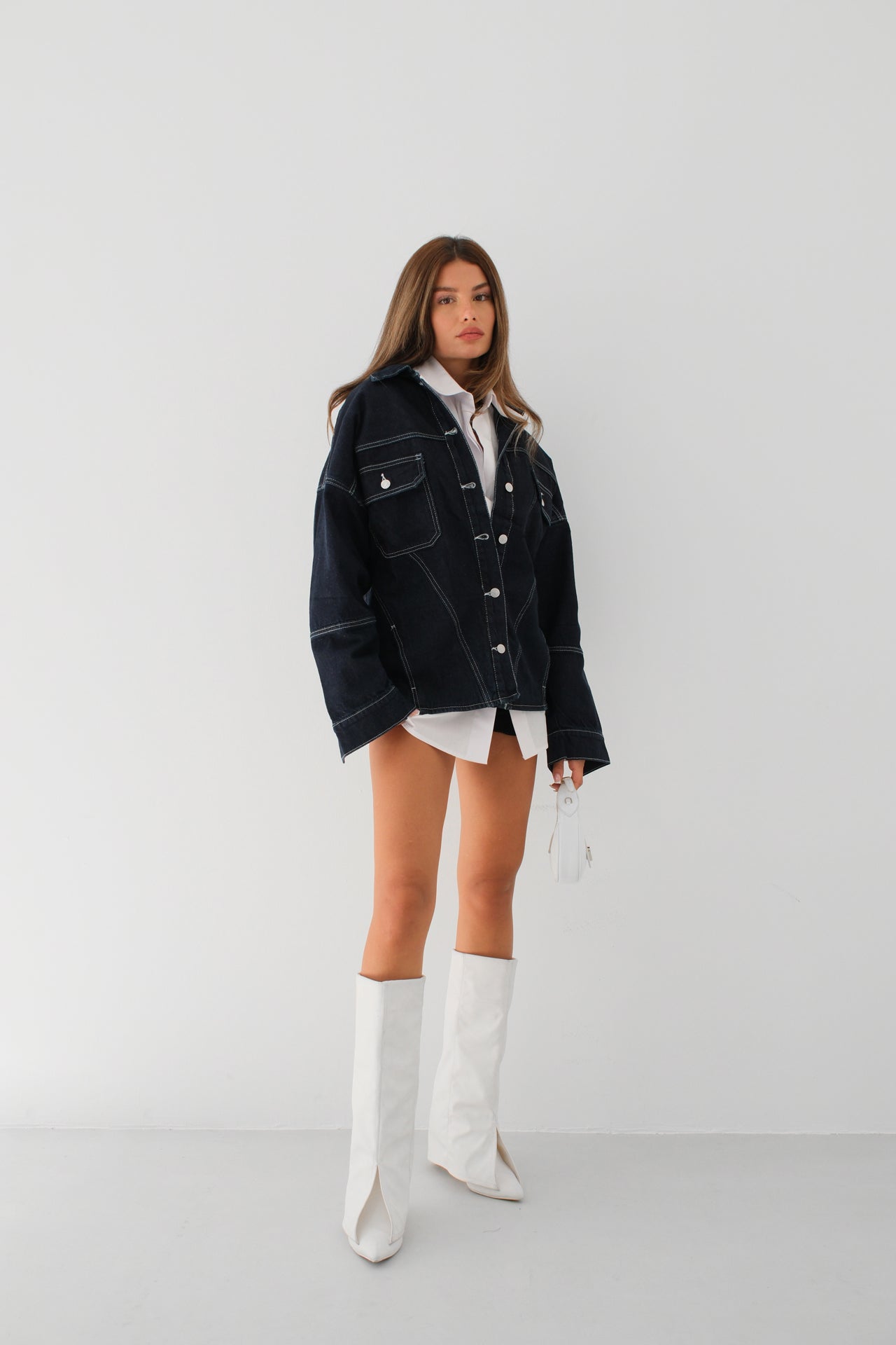 Stitch Detail Oversize Navy Denim Jacket