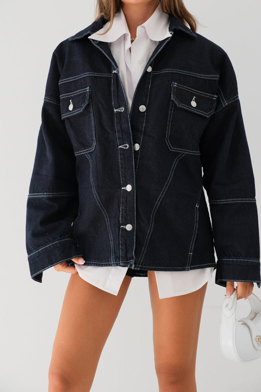 Stitch Detail Oversize Navy Denim Jacket