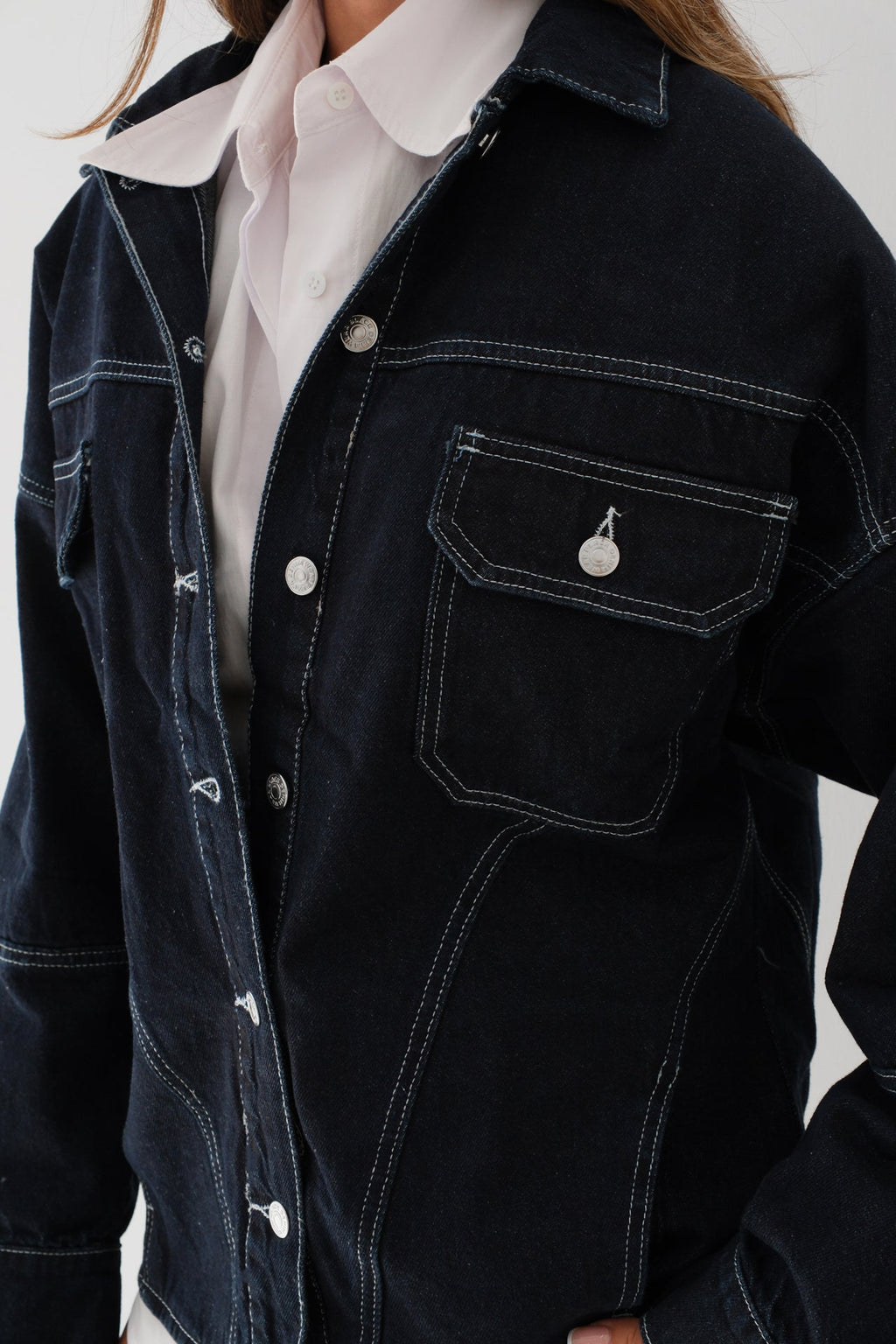 Stitch Detail Oversize Navy Denim Jacket