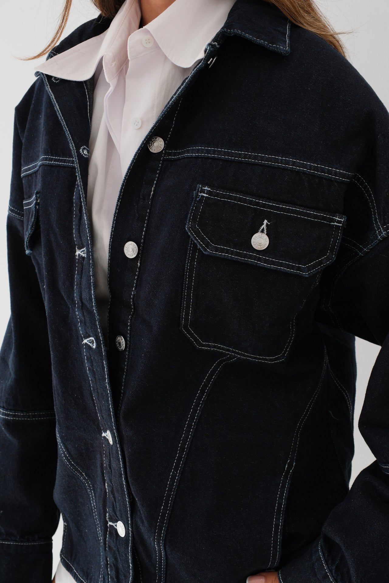Stitch Detail Oversize Navy Denim Jacket