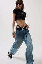 Stitch Detail Wide Leg Blue Jeans