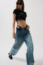 Stitch Detail Wide Leg Blue Jeans