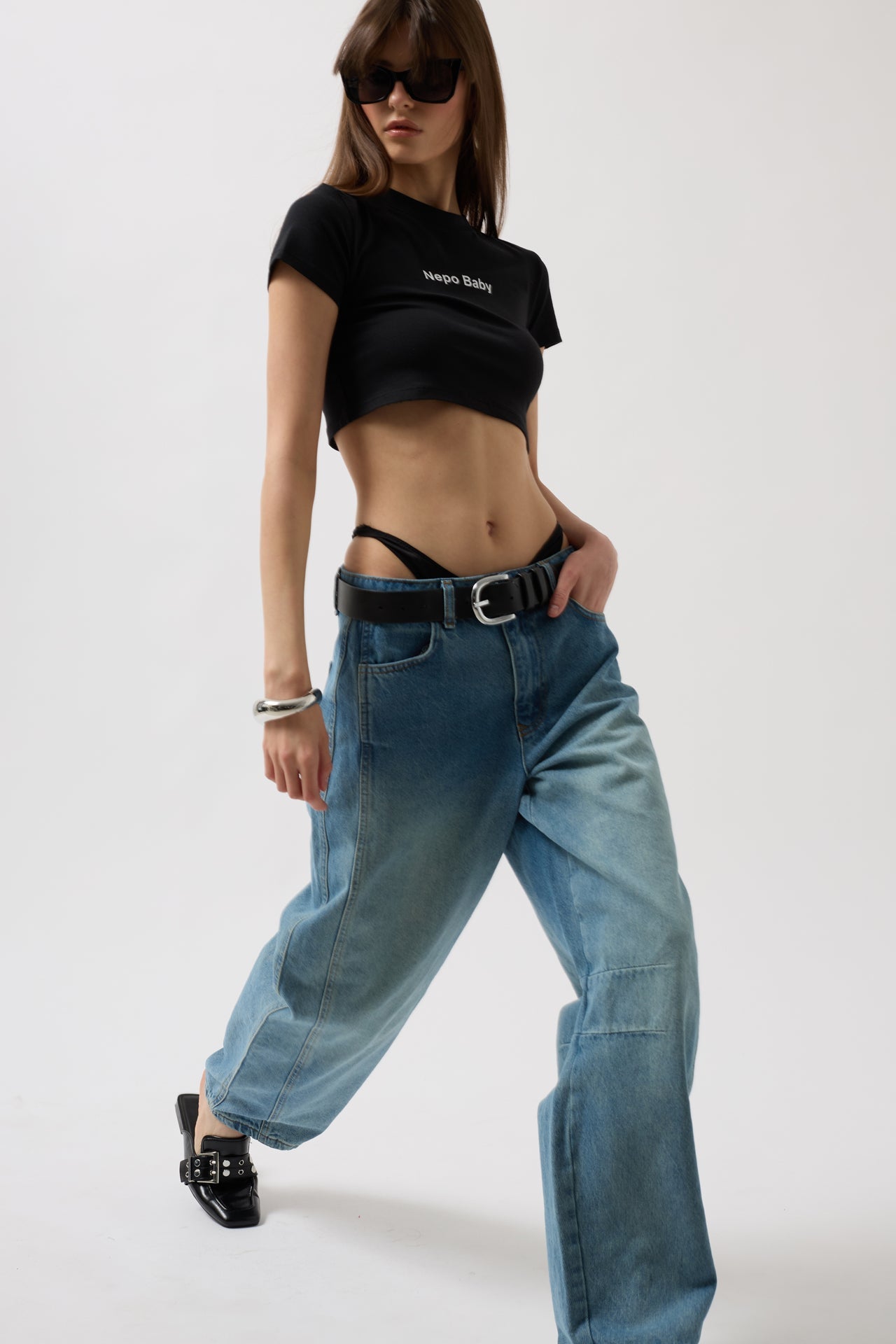 Stitch Detail Wide Leg Blue Jeans