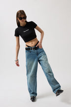 Stitch Detail Wide Leg Blue Jeans