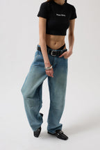 Stitch Detail Wide Leg Blue Jeans