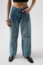 Stitch Detail Wide Leg Blue Jeans