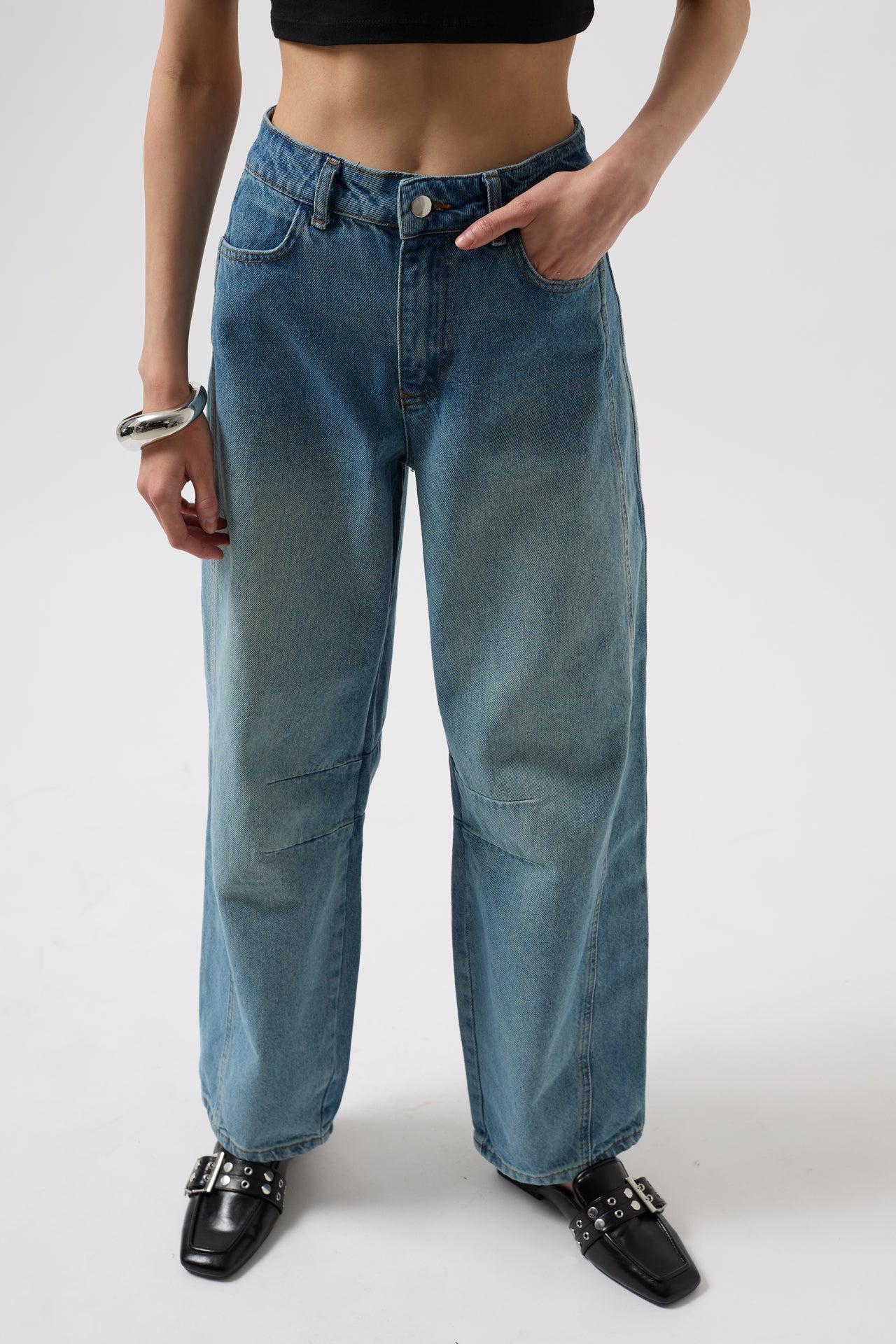 Stitch Detail Wide Leg Blue Jeans