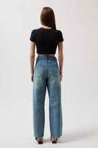 Stitch Detail Wide Leg Blue Jeans