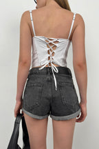 Double Cuff Black Denim Shorts