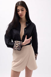 Button Detail Wrapped Mini Beige Skirt