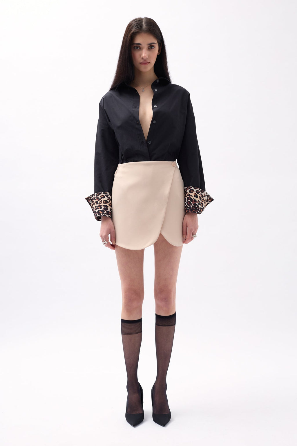 Button Detail Wrap Mini Beige Skirt