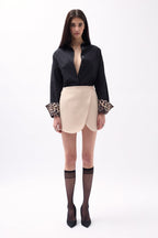 Button Detail Wrap Mini Beige Skirt
