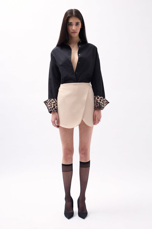 Button Detail Wrap Mini Beige Skirt