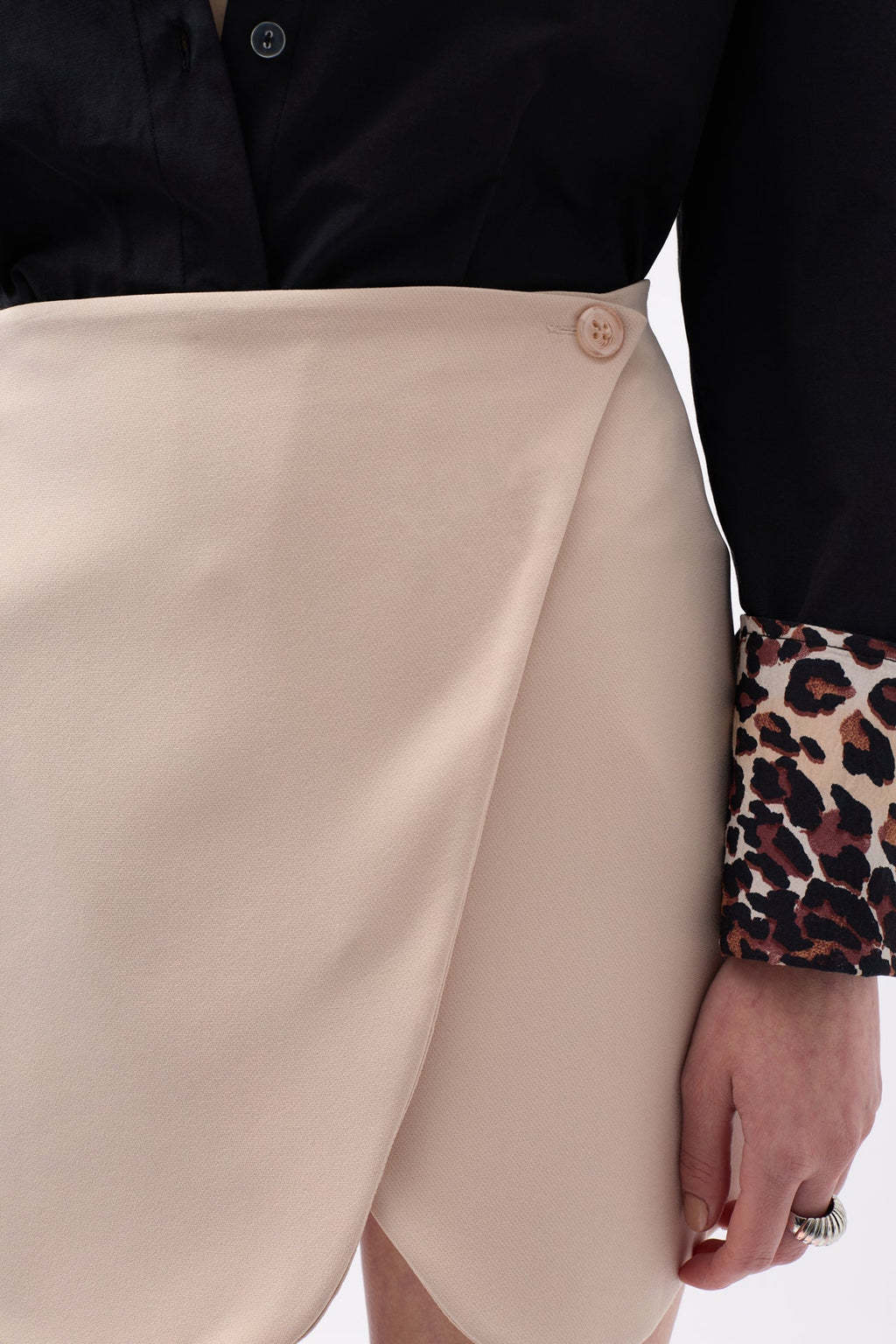 Button Detail Wrap Mini Beige Skirt