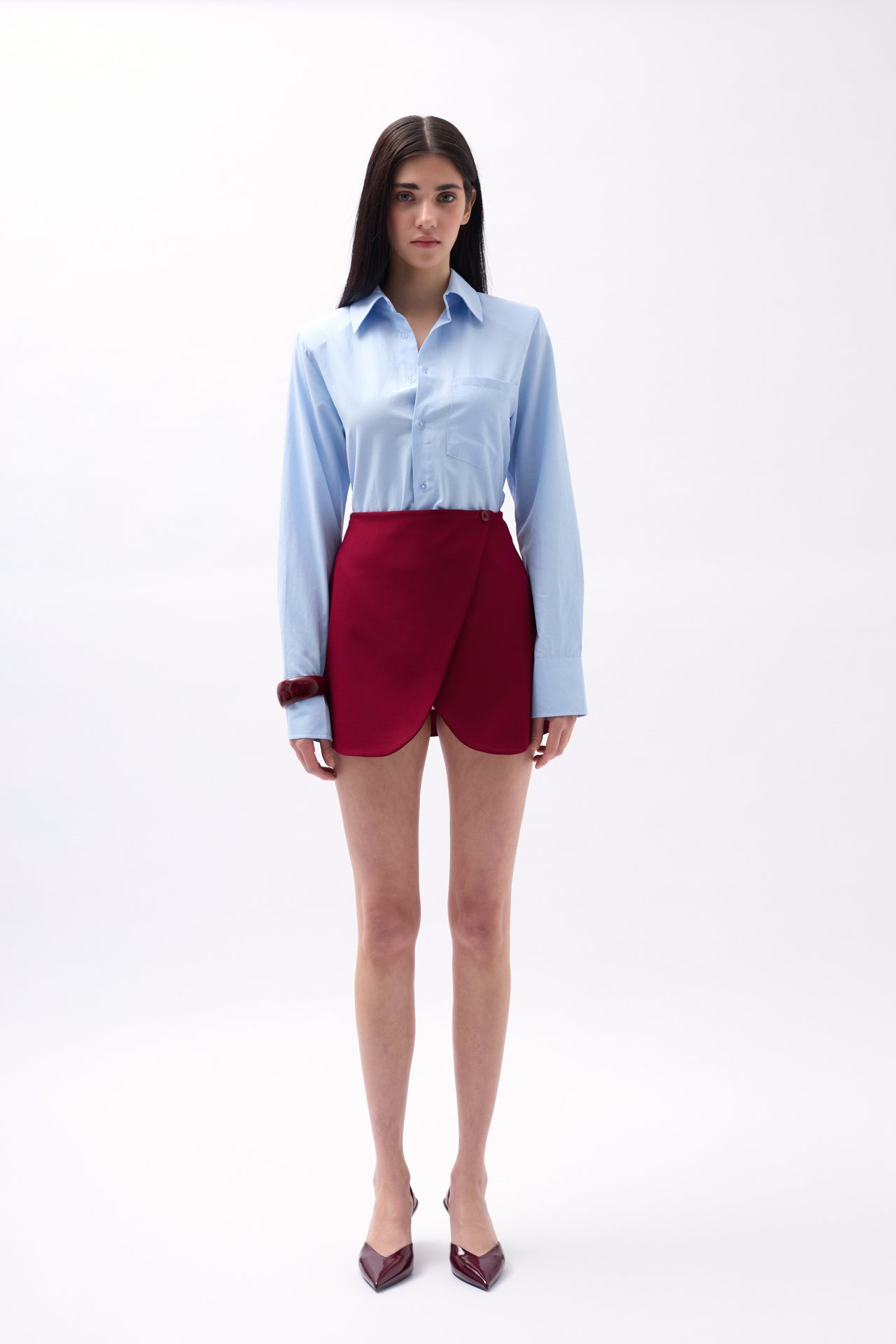 Button Detail Wrap Mini Burgundy Skirt