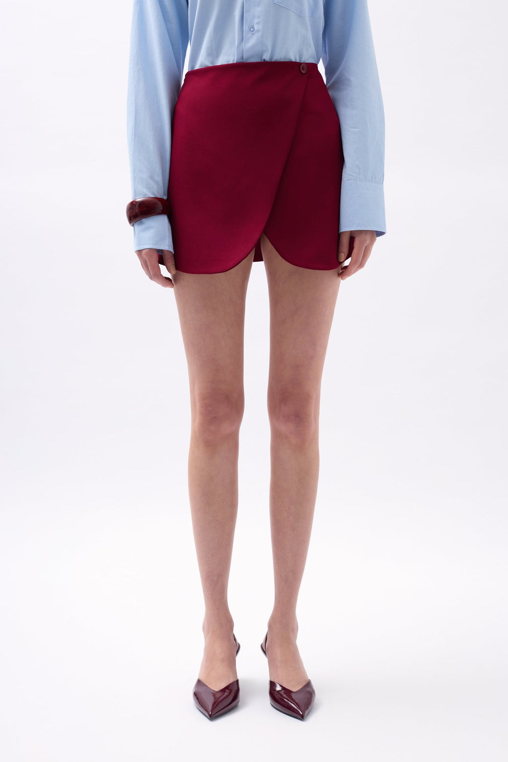Button Detail Wrap Mini Burgundy Skirt