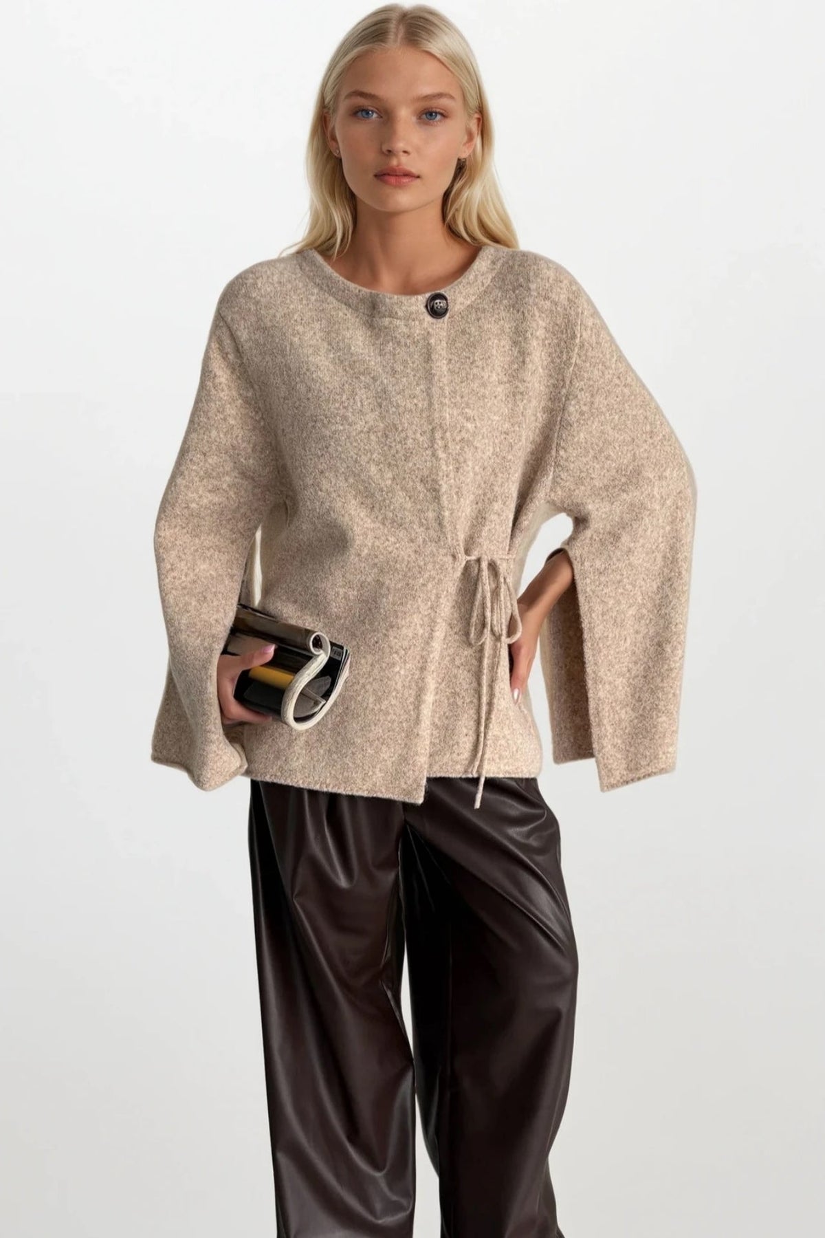 Button Detail Tie-Detail Beige Knit Cardigan