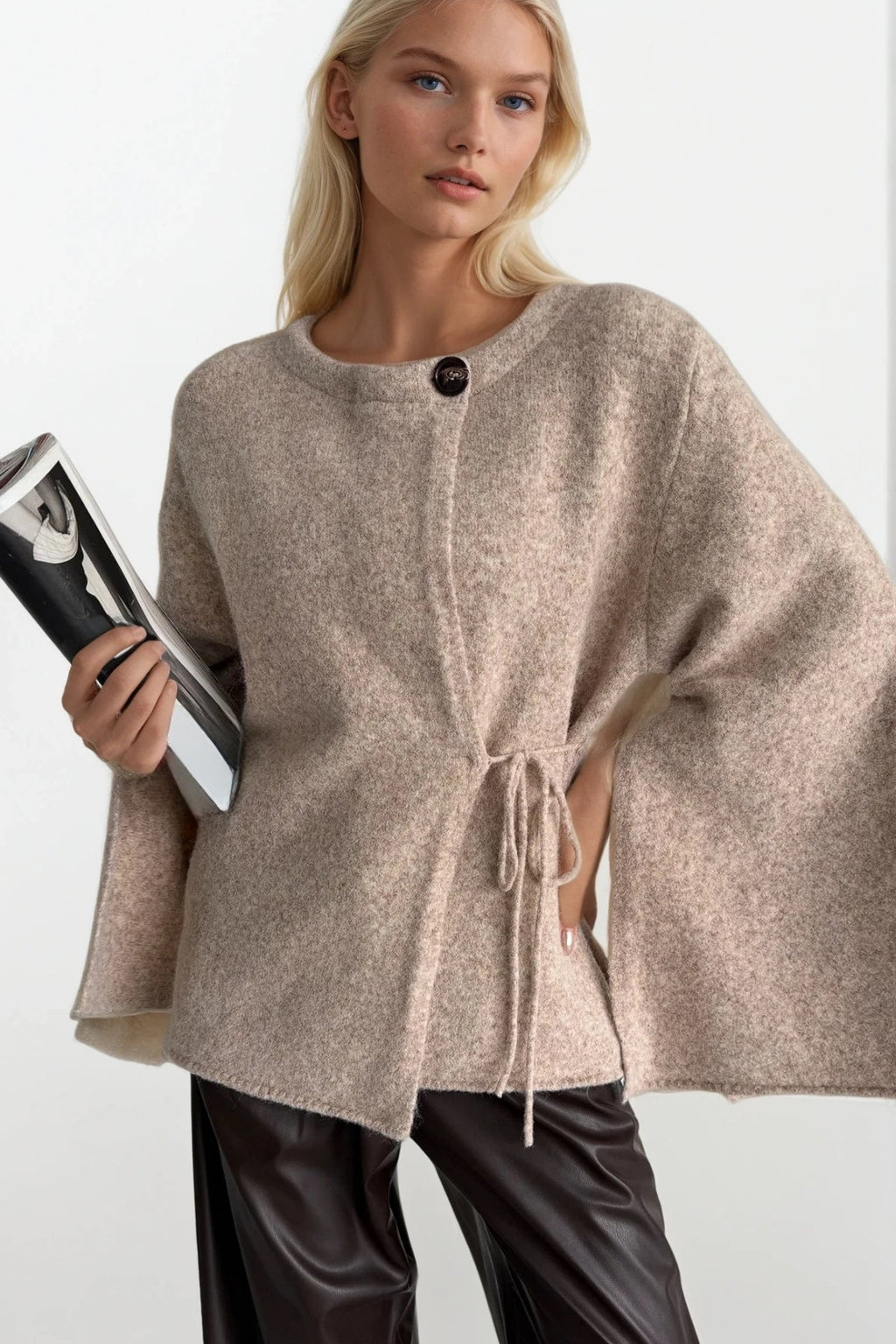 Button Detail Tie-Detail Beige Knit Cardigan