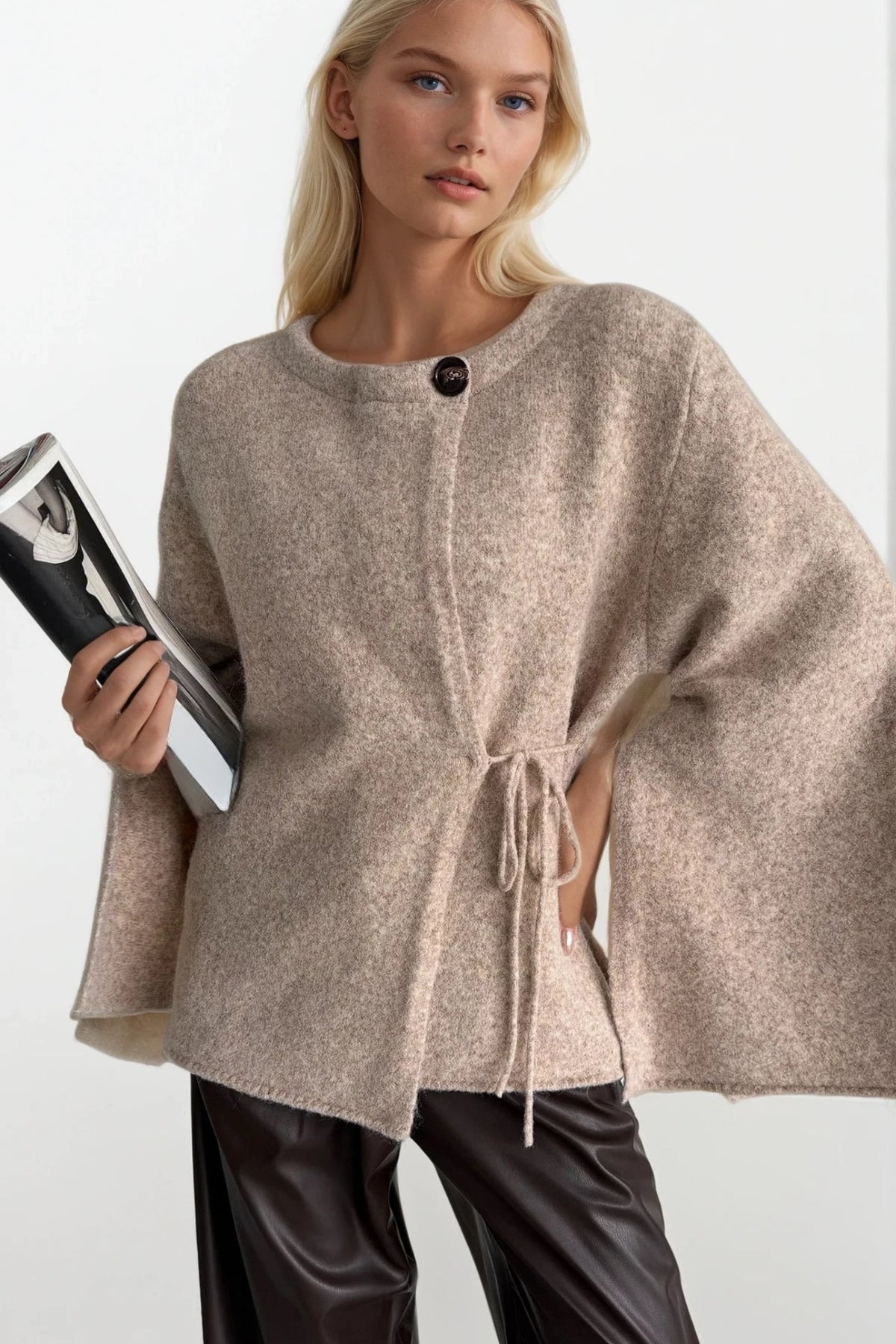 Button Detail Tie-Detail Beige Knit Cardigan