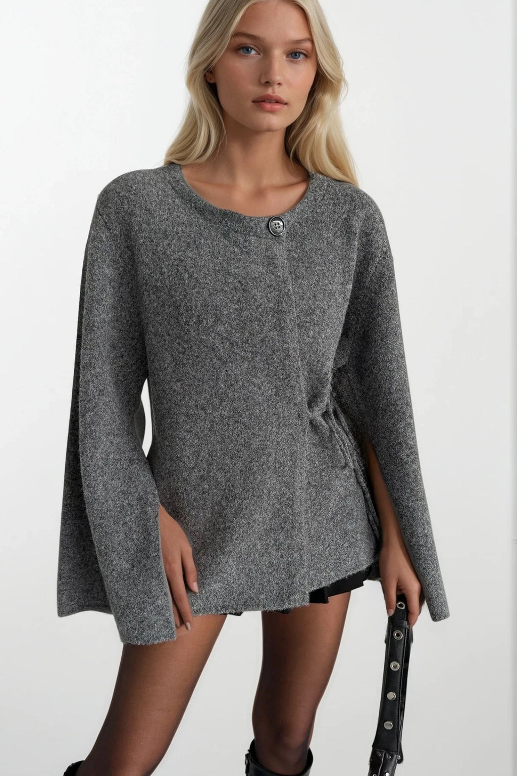 Button Detail Tie-Detail Charcoal Knit Cardigan