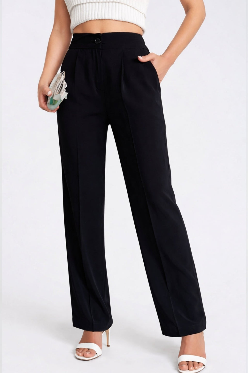 Button Detail Basic Black Palazzo Pants