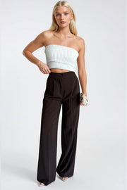 Button Detail Basic Brown Palazzo Trousers