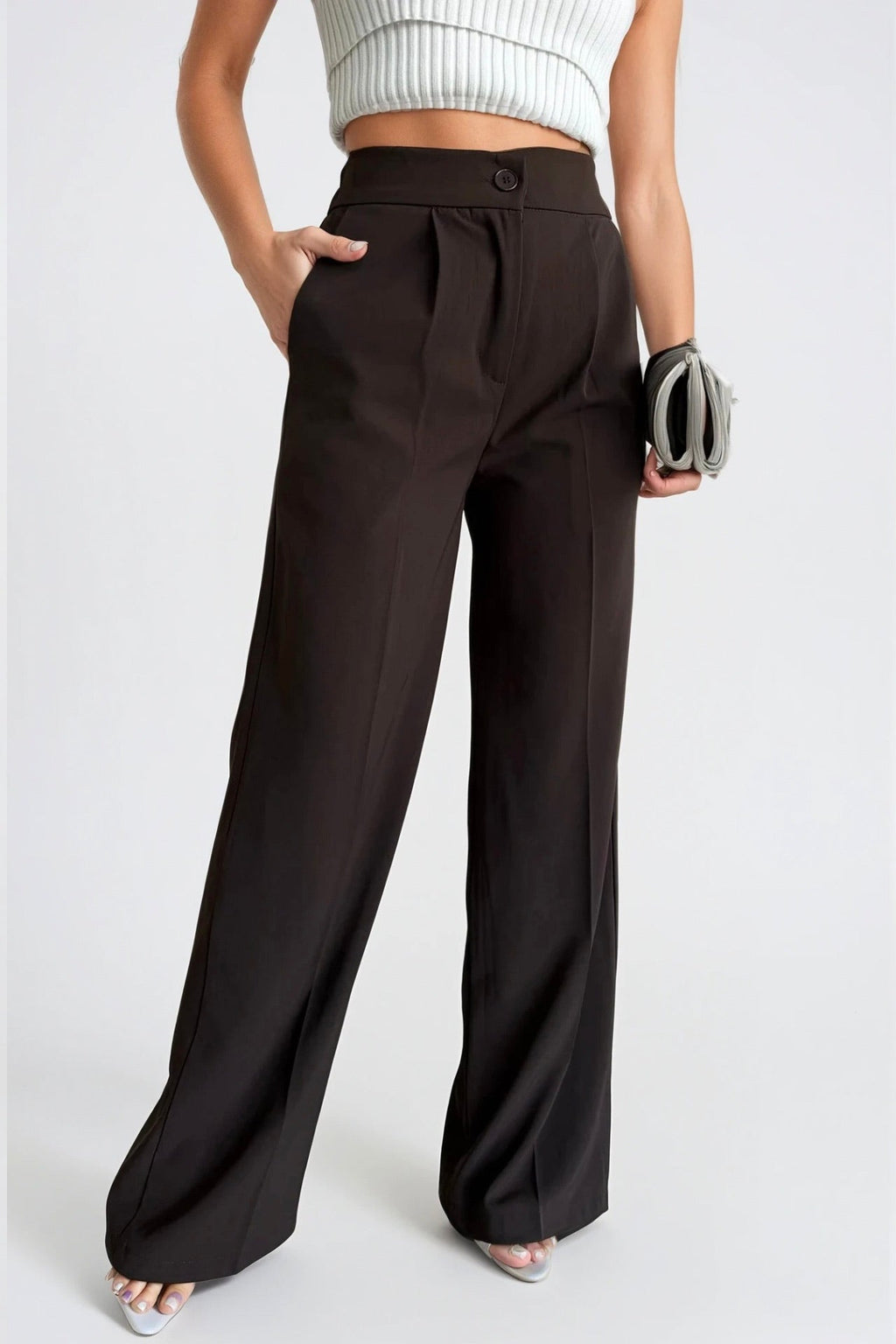 Button Detail Basic Brown Palazzo Pants