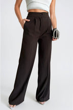 Button Detail Basic Brown Palazzo Pants