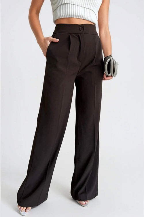 Button Detail Basic Brown Palazzo Pants