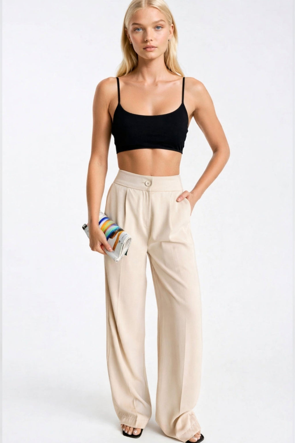 Button Detail Basic Stone Palazzo Pants