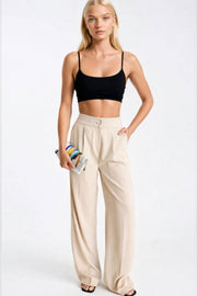Button Detail Basic Stone Palazzo Trousers