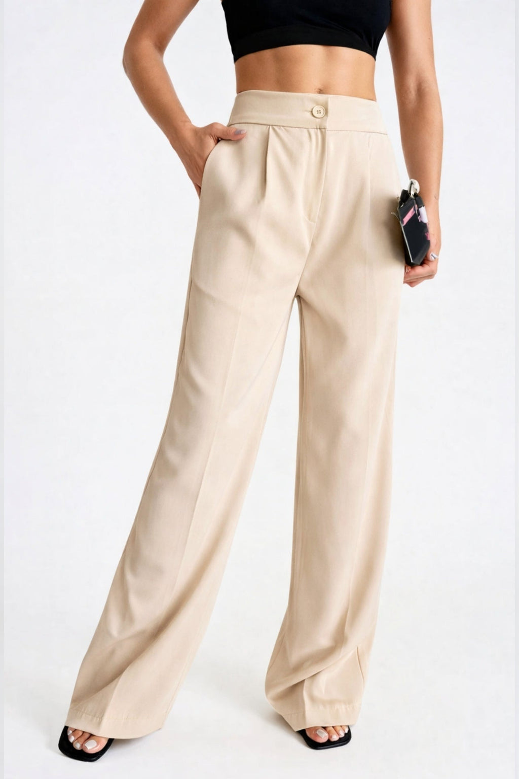 Button Detail Basic Stone Palazzo Pants