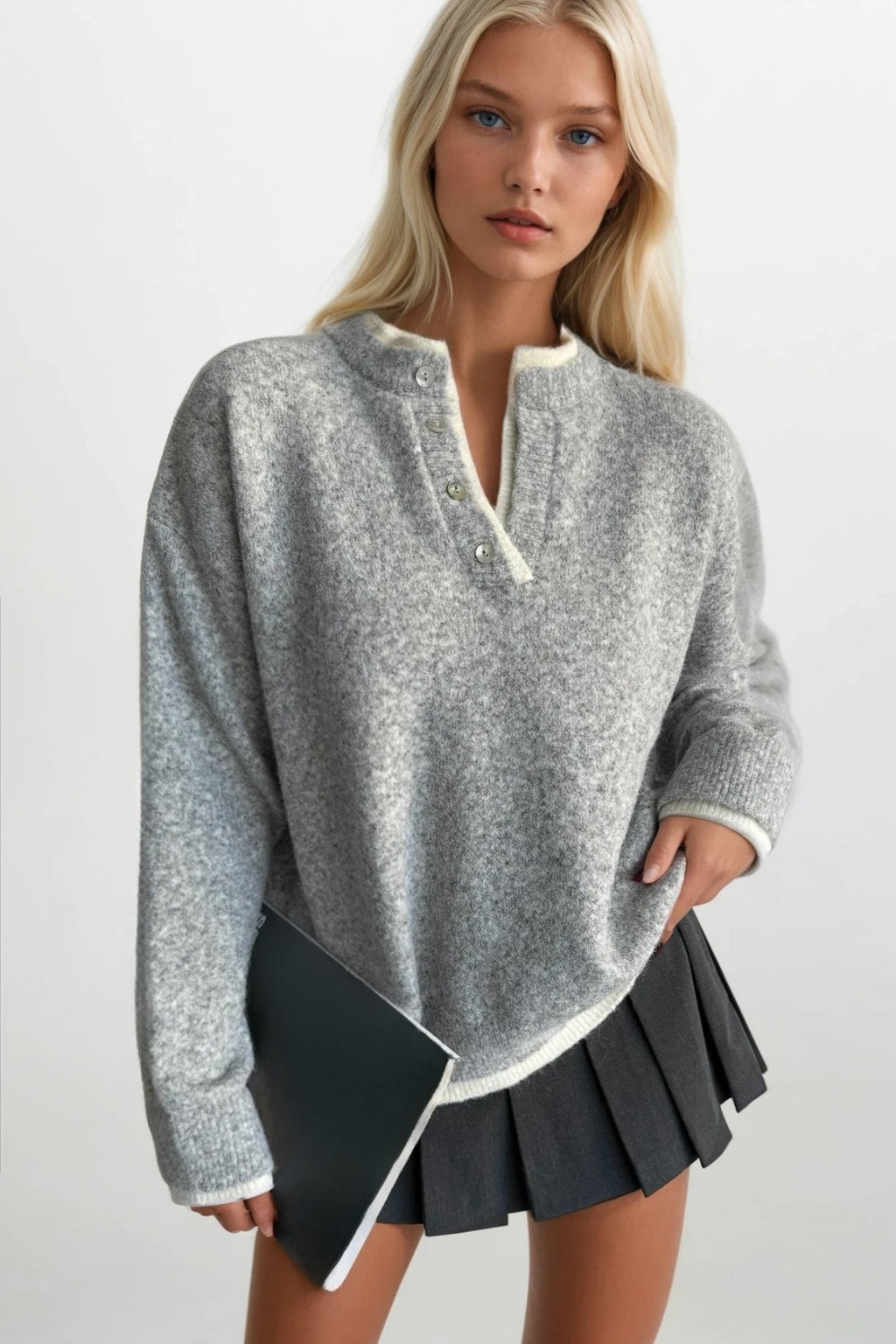 Button Detail Basic Gray Knit Sweater