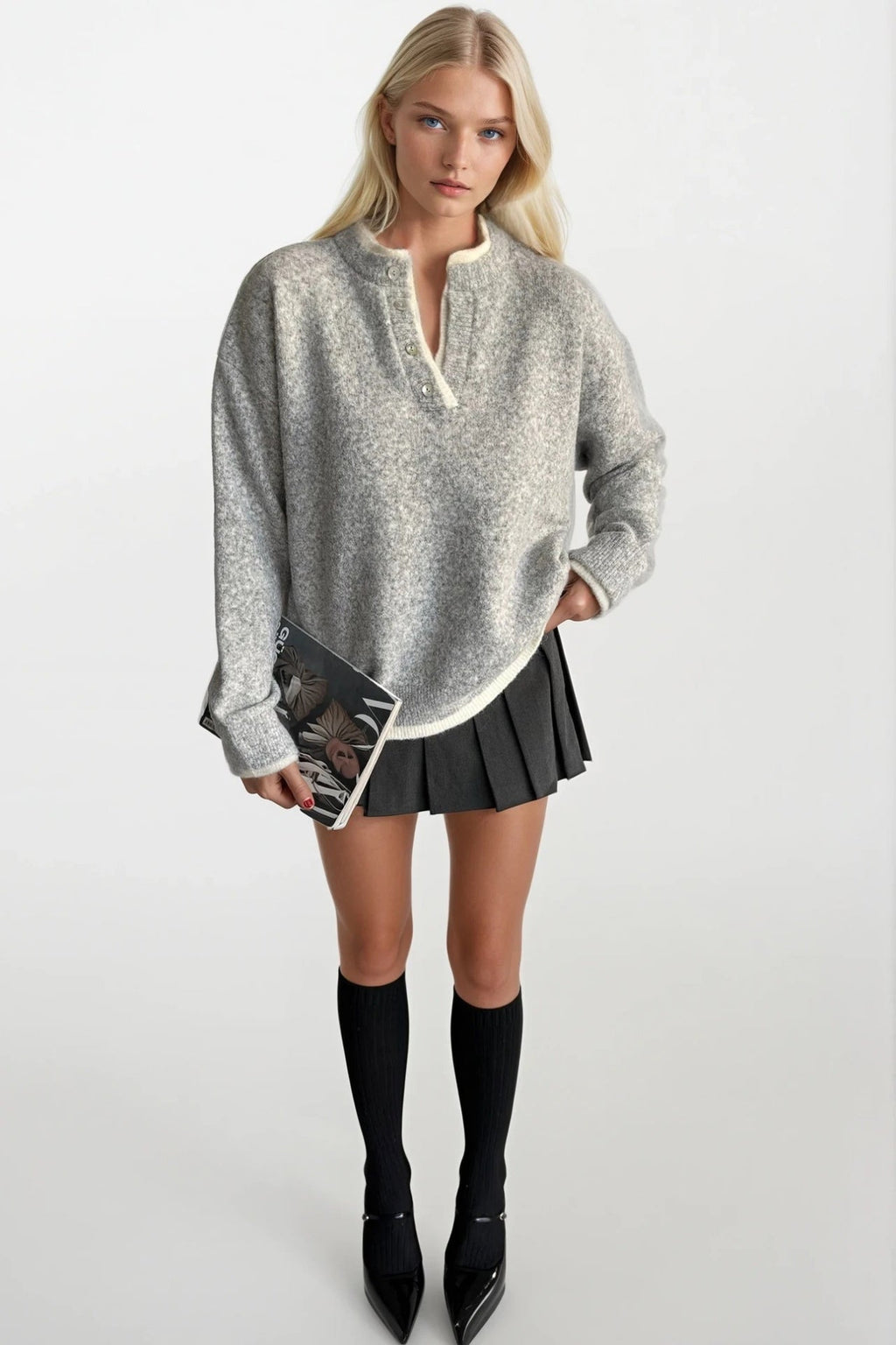 Button Detail Basic Gray Knit Sweater