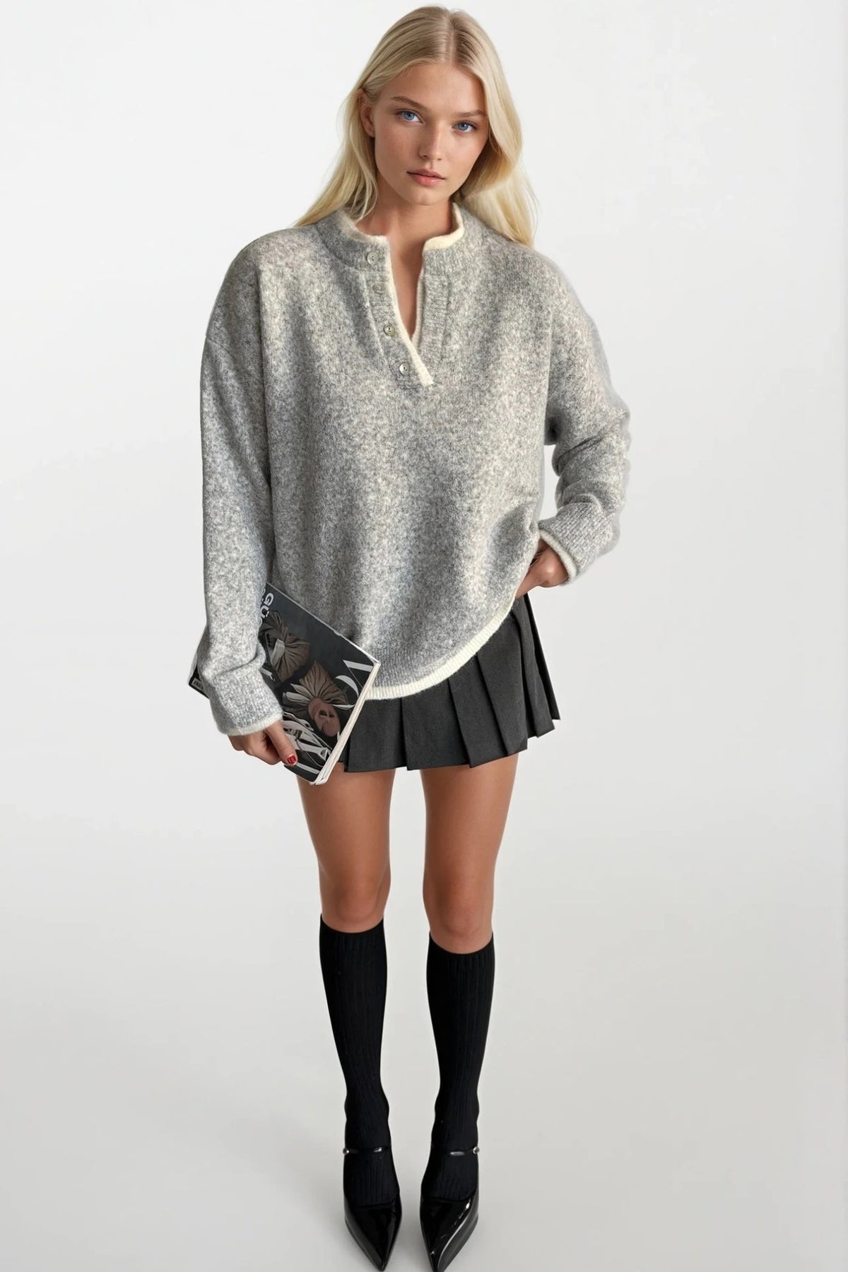 Button Detail Basic Gray Knit Sweater