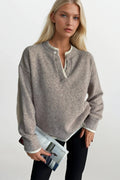 Button Detail Basic Beige Knit Sweater