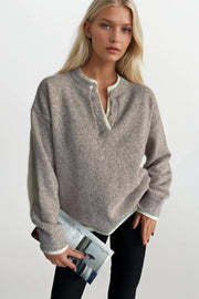 Button Detail Basic Beige Knit Sweater