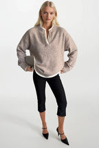 Button Detail Basic Beige Knit Sweater