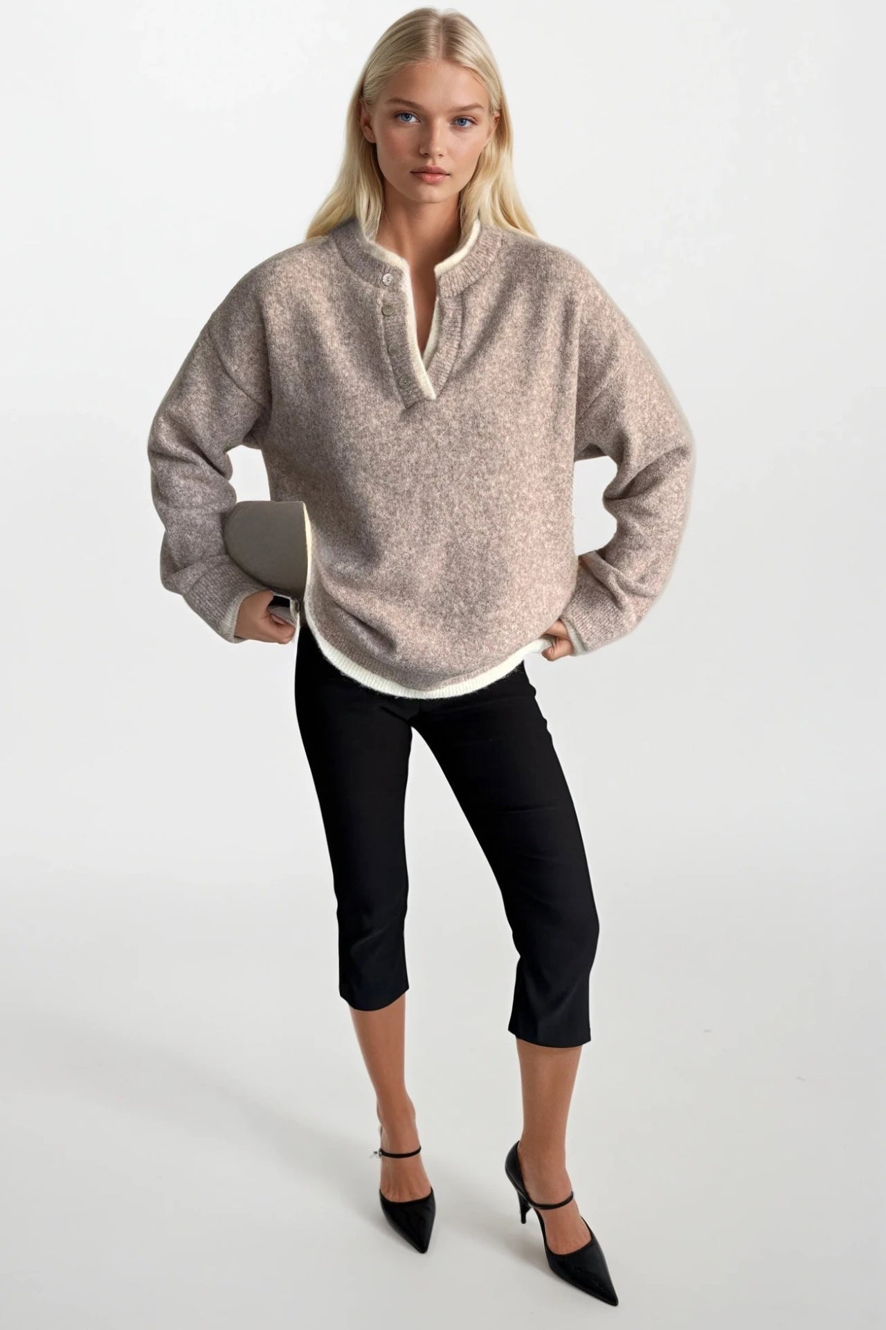 Button Detail Basic Beige Knit Sweater