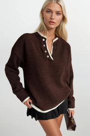 Button Detail Basic Brown Knit Sweater
