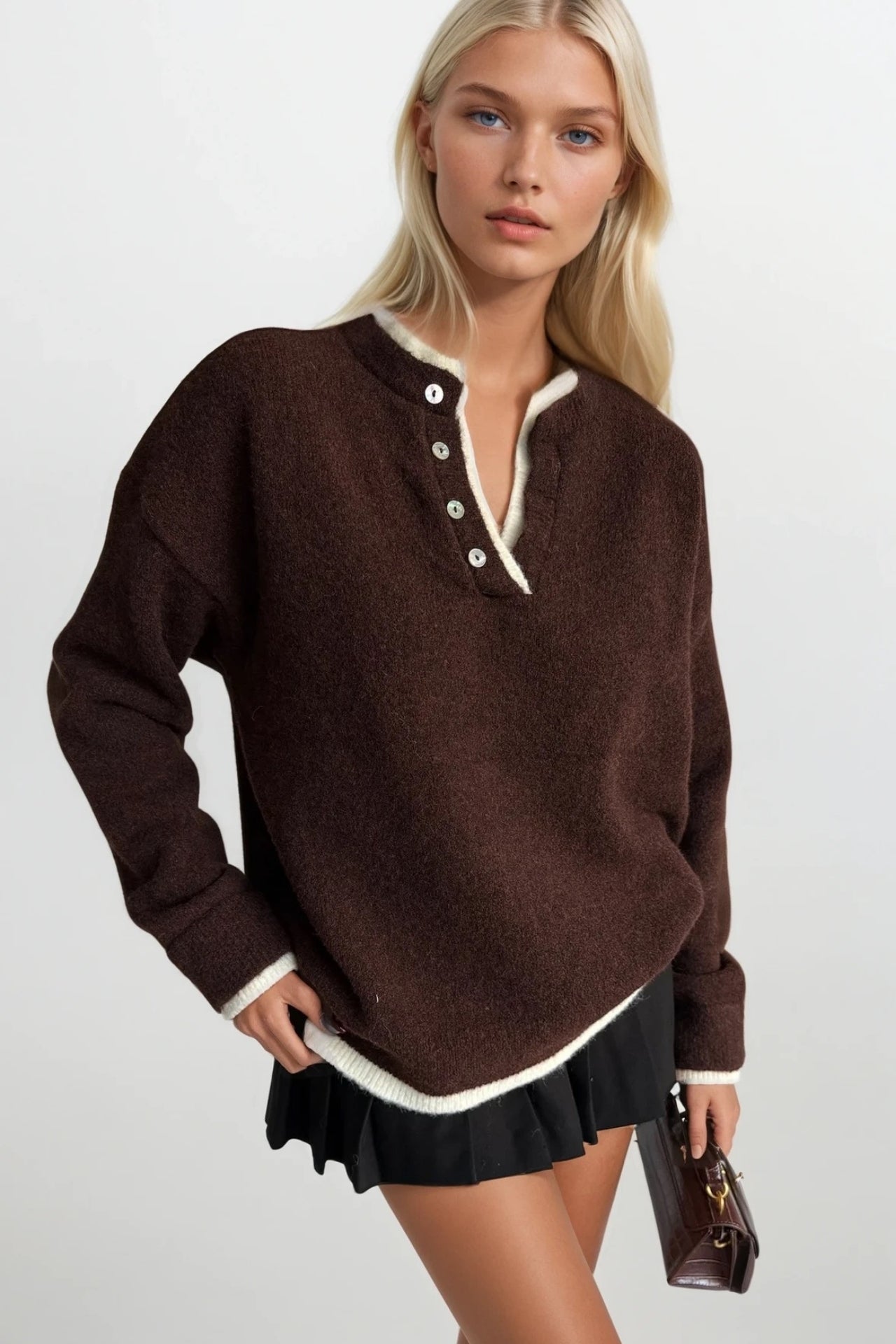 Button Detail Basic Brown Knit Sweater